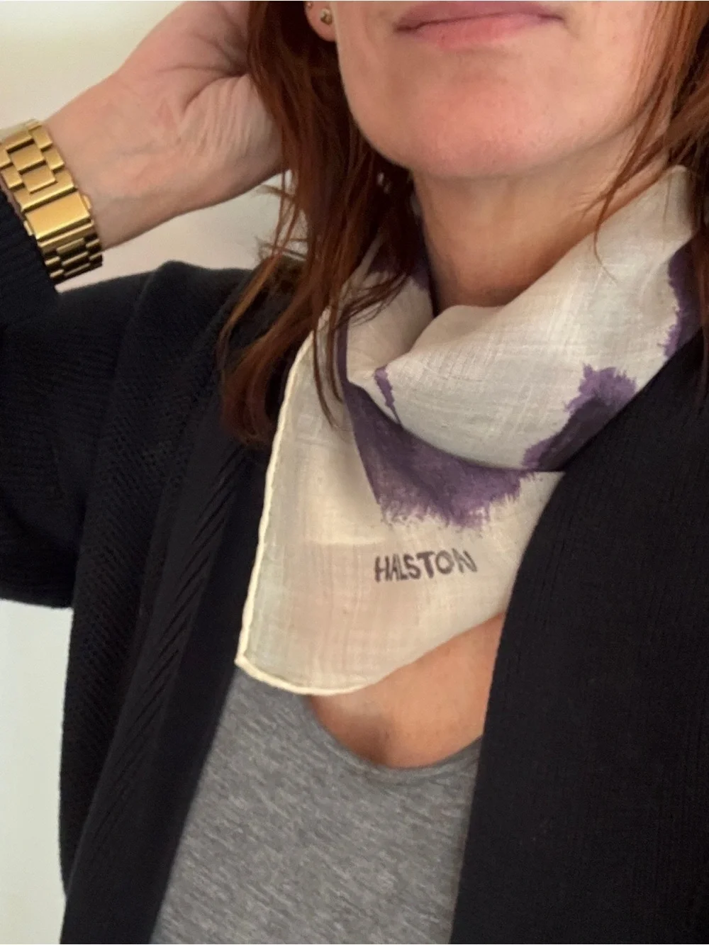 Halston Vintage Silk Blend Cream & Purple Square Scarf 25”
